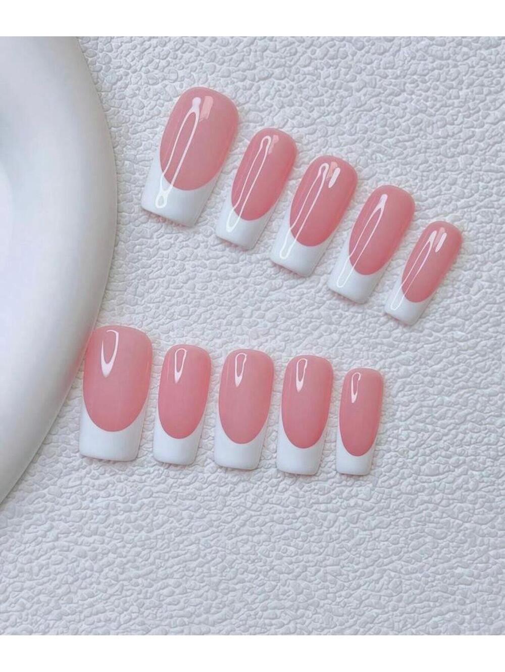 Medium square Press on nails white French tips nude handmade custom gel